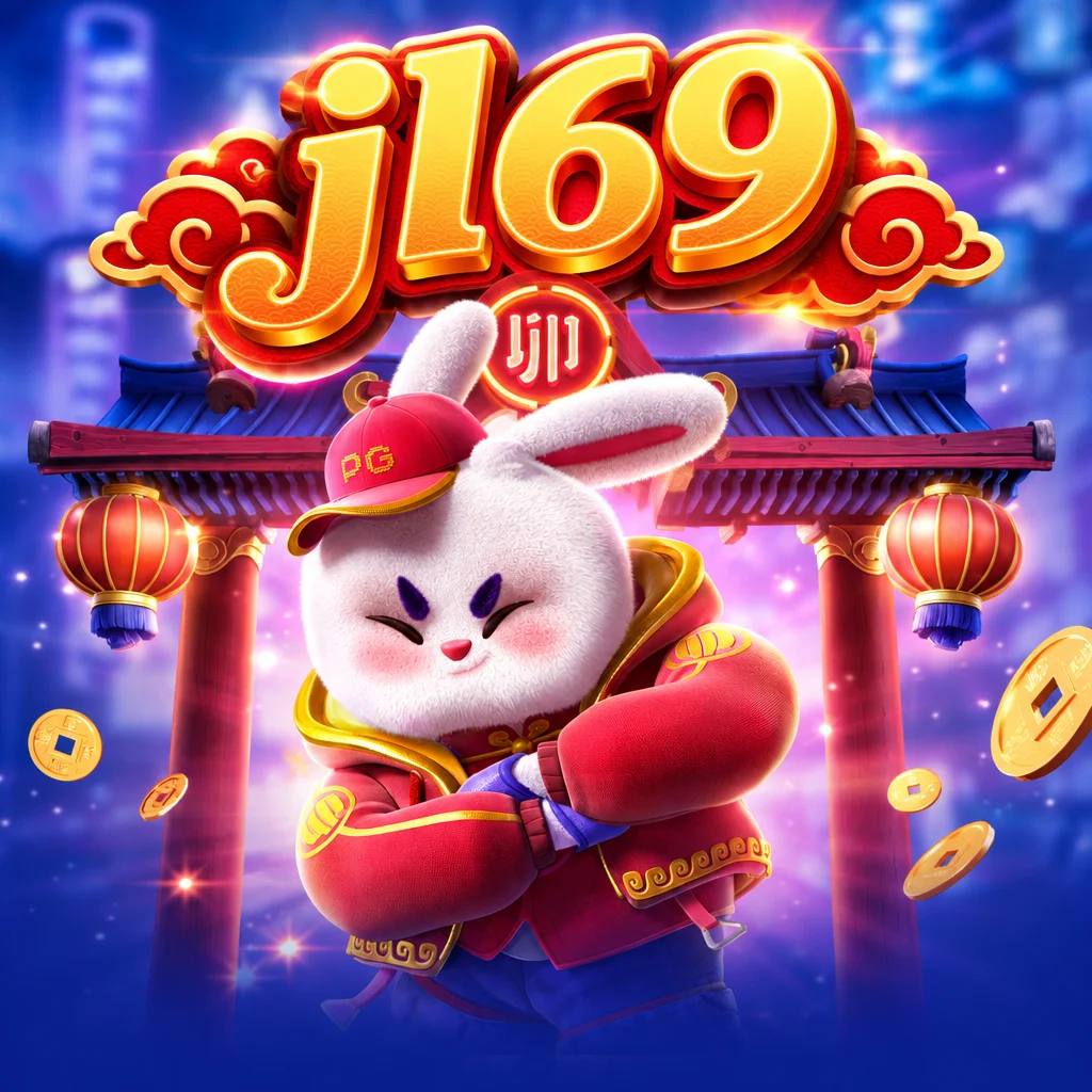 ภาพกราฟิกเกม Fortune Rabbit พร้อมโลโก้ jl69 แสดงกระต่ายมงคลสวมชุดแดงหน้าซุ้มประตูจีน